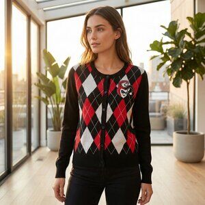 DC Comics Harley Quinn Argyle Sweater Womens Size Medium Black Red White